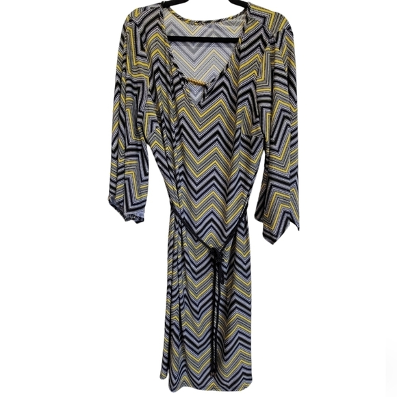 L/XL Geometric Bell Sleeve V Neck Midi Dress with Cord Waist String - Picture 1 of 5